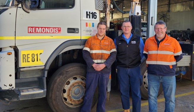Dylan Evans (REMONDIS heavy vehicle mechanic apprentice, left), Gavin Shields (TAFE NSW Heavy Vehicle Head Teacher, middle), and Peter Murray (REMONDIS Maintenance Manager, right)